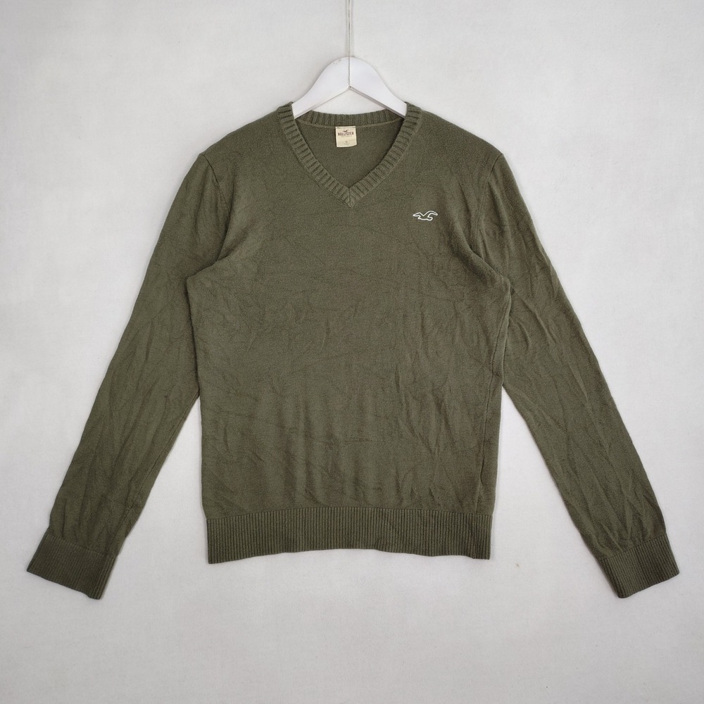 Hollister Mens V-Neck Sweater Olive Green Cotton Blend Seagull Logo Size S
